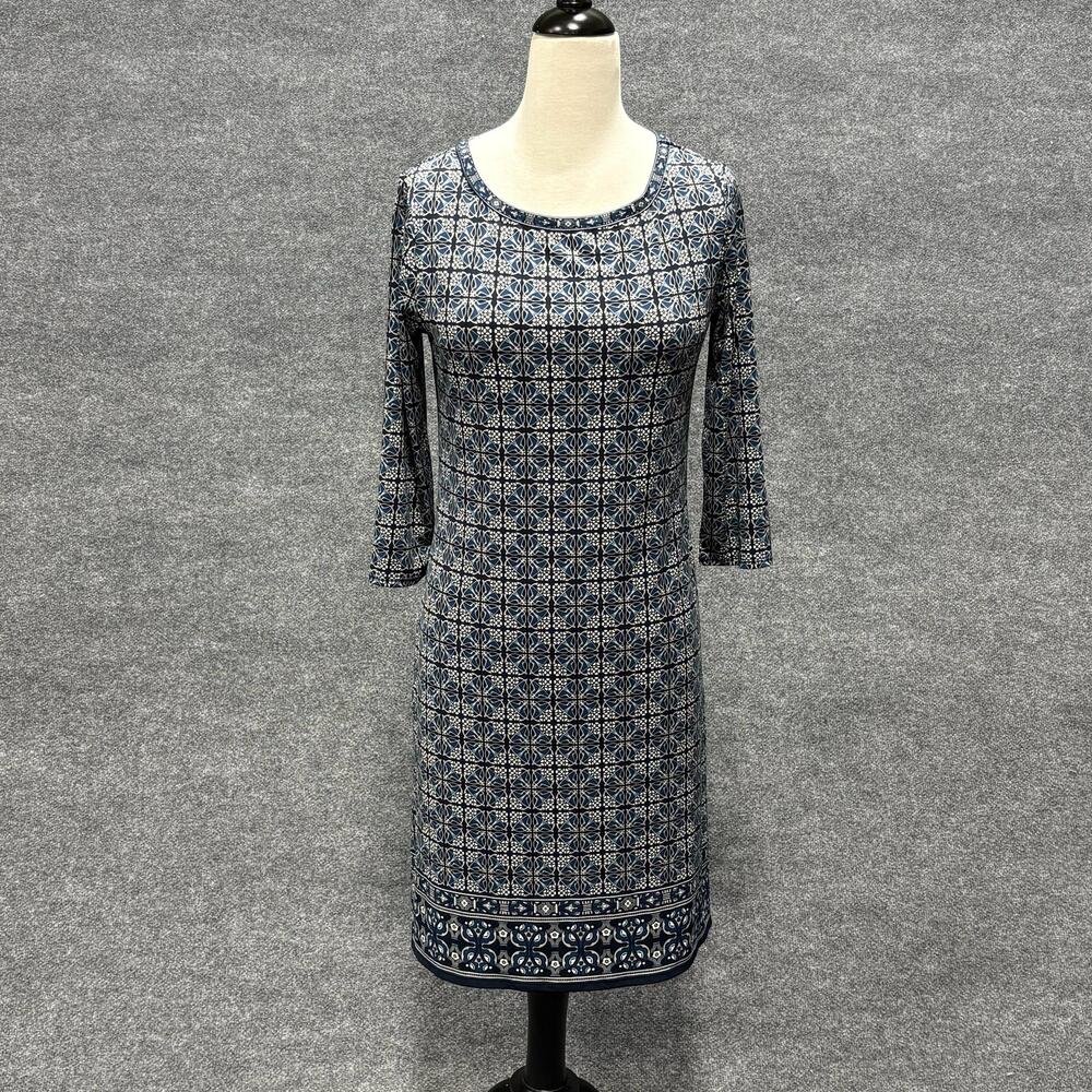 Max Studio Dress Womens Small Blue Geometric Print Shift 3/4 Sleeve Knee Length